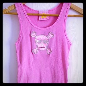 Pink skull appliqué ribbed tank top long sz Large